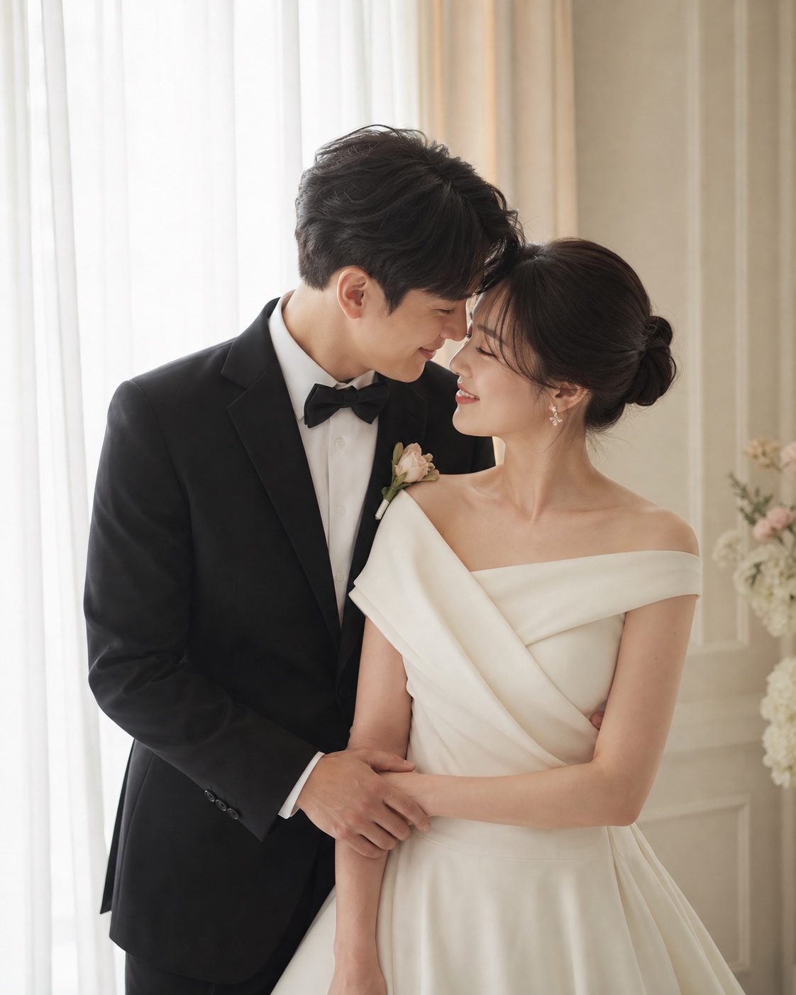 밝은 창가에서 함께 선 신랑과 신부