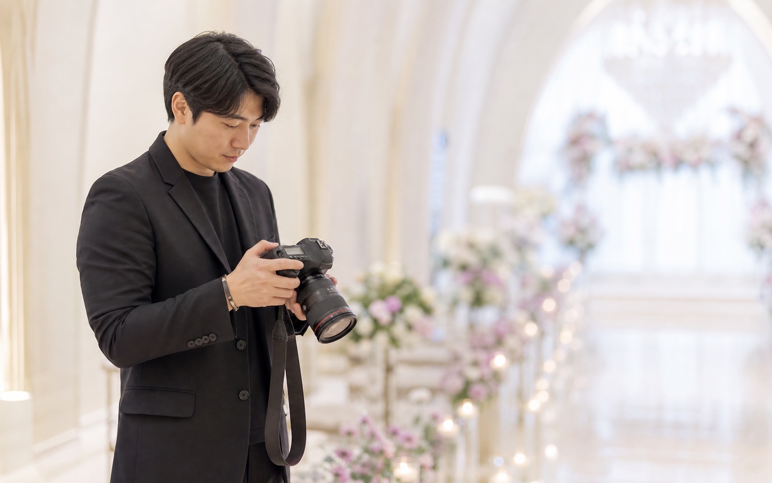 결혼식에서 신랑 신부를 촬영하는 본식스냅 작가